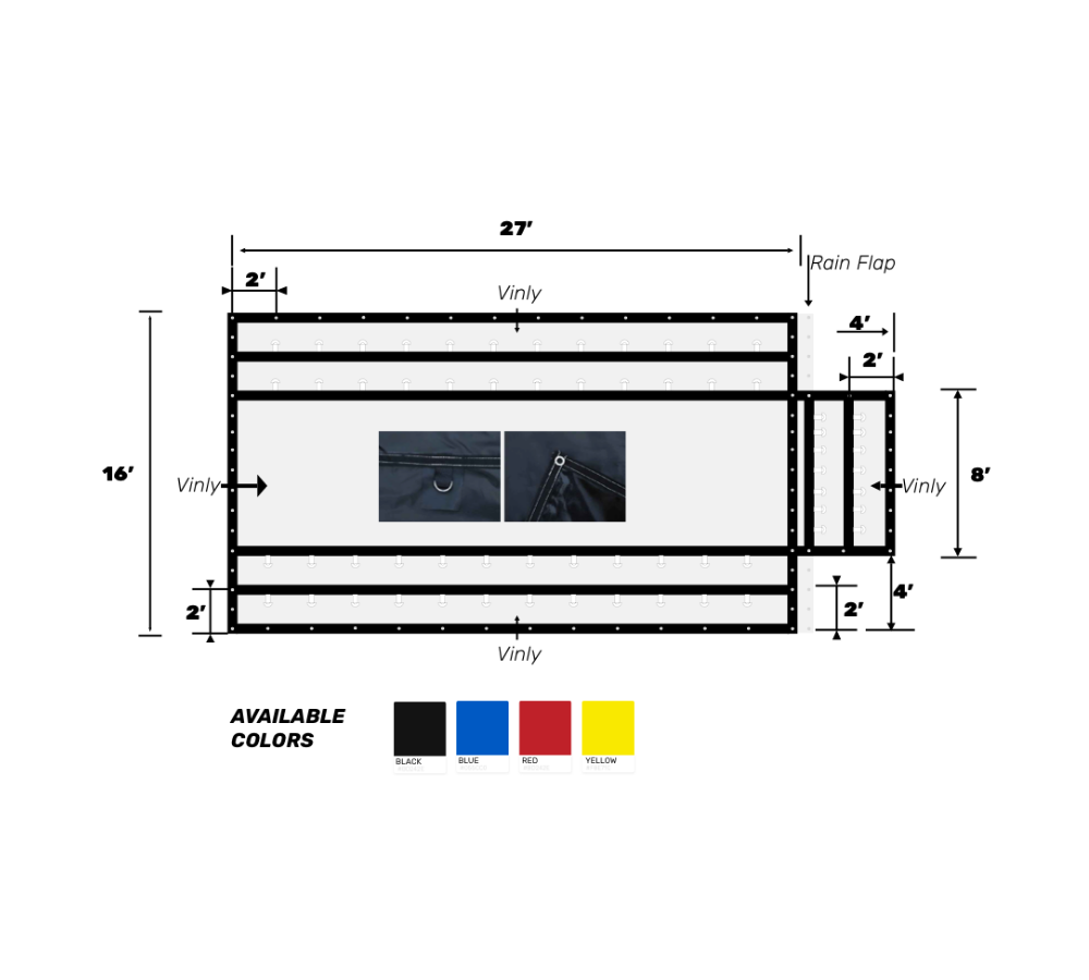 Rip Stop Material 27′x16′ Heavy Duty Steel Tarp (4’ Drop) With The Flap Black Color This tarpaulin is backed with eyelets stitched at each point over 2 feet and finished with Herms reinforced with 2 inches of webbing.